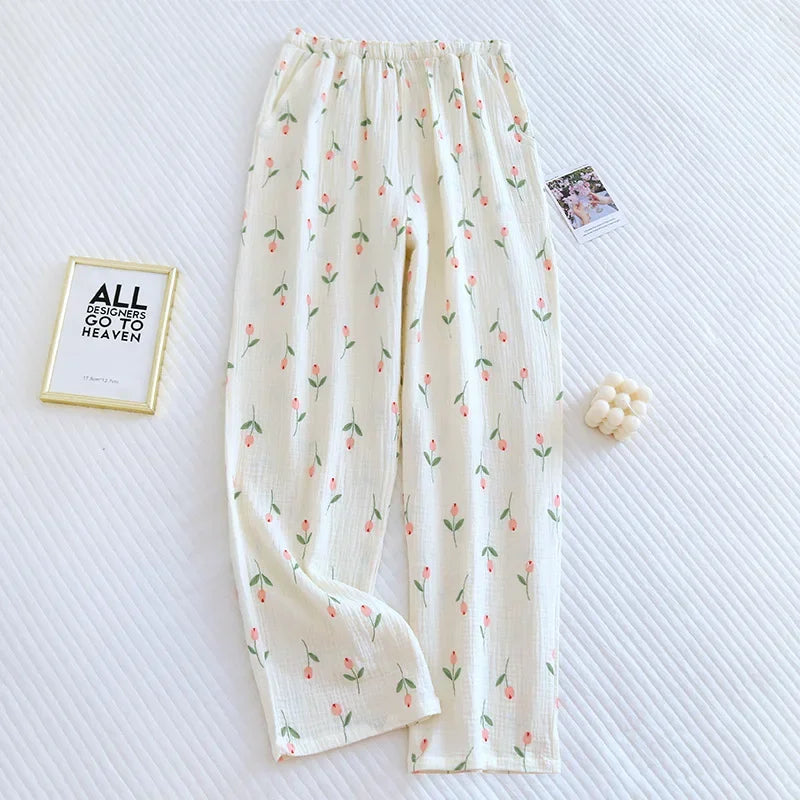 Japanska Kvinno Pyjamasbyxor i 100% Bomull – Stora och Bekväma för Vår/Sommar