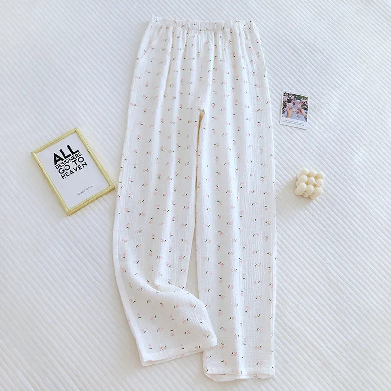 Japanska Kvinno Pyjamasbyxor i 100% Bomull – Stora och Bekväma för Vår/Sommar