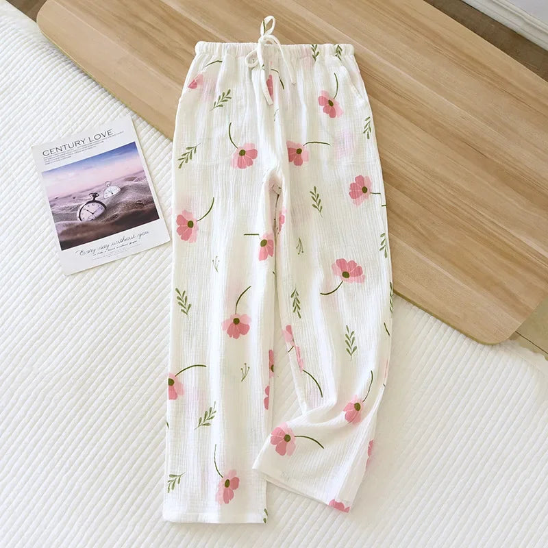 Japanska Kvinno Pyjamasbyxor i 100% Bomull – Stora och Bekväma för Vår/Sommar